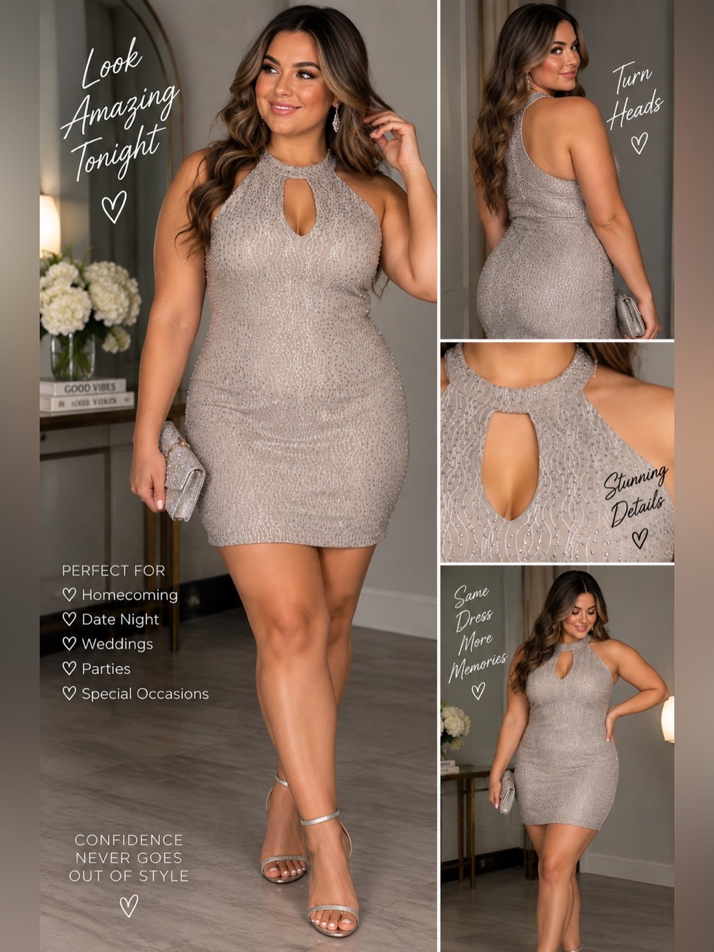 Embellished Taupe Halter Bodycon Dress XL NWOT